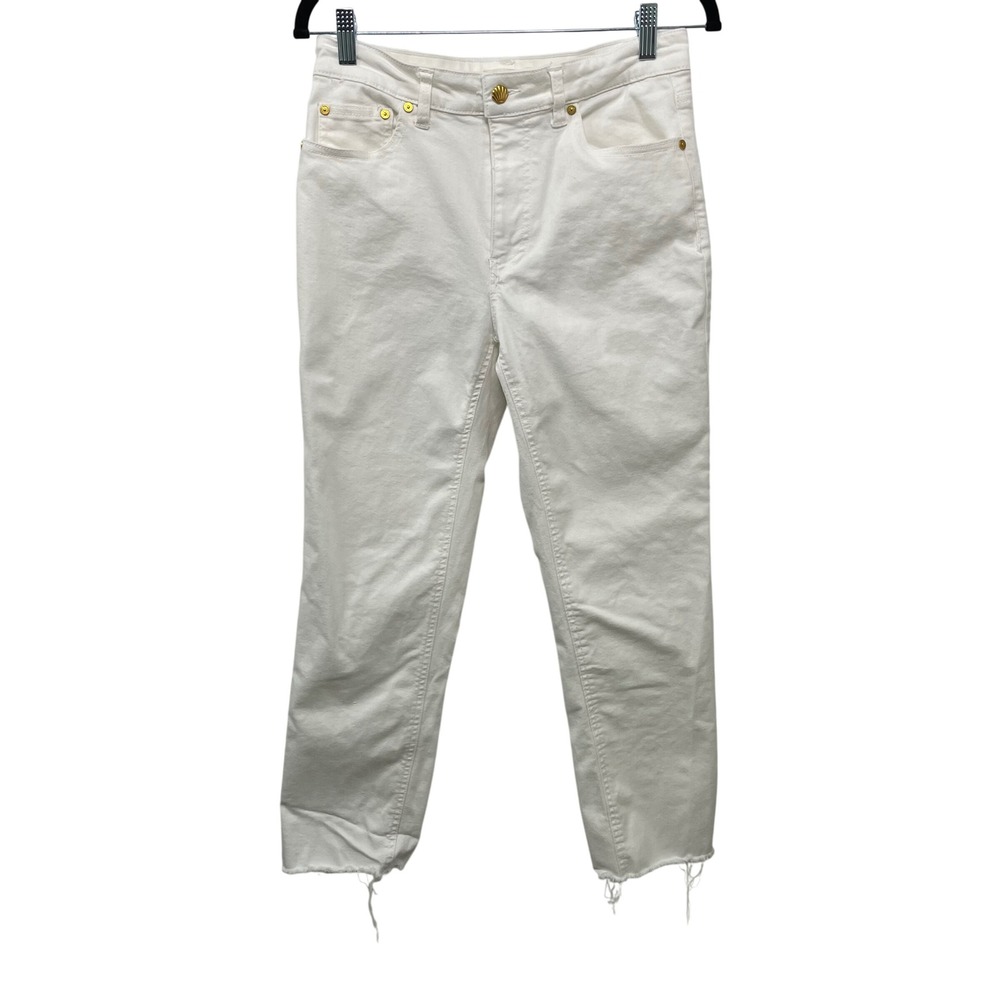 OAT New York White High Rise Straight Leg Jeans Seashell Button Raw Hem Sz 8/29
